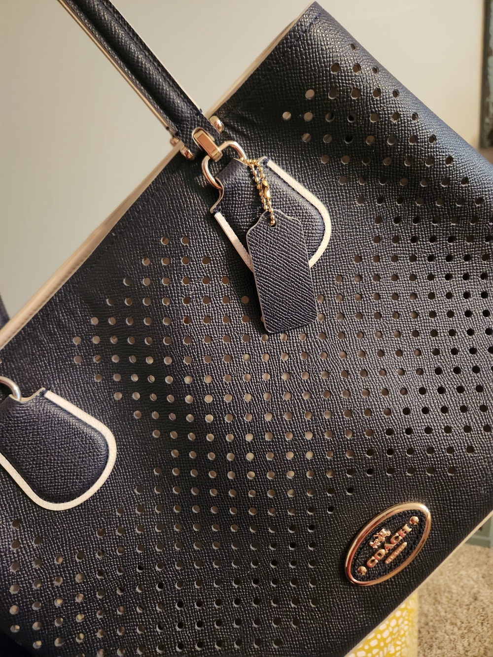 COACH Navy Perforated Saffiano Leather Tote with Gold Hardware